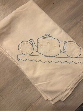 Vintage Embroidered Teapot Kitchen tablecloth in Cream and Blue